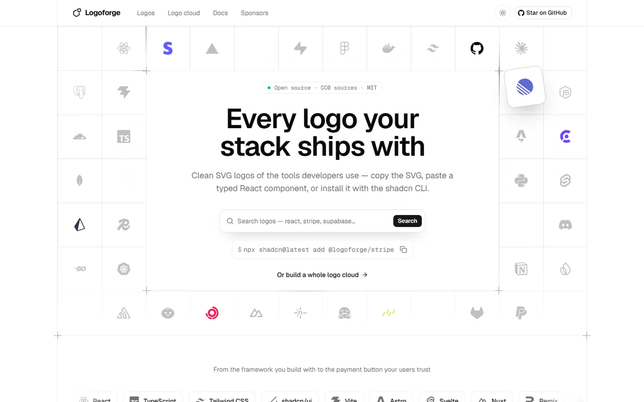 Logoforge home page: “Every logo your stack ships with”